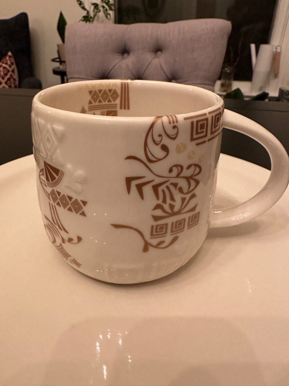 Starbucks Mug VAVAVA 2012 White & Gold Aztec Polynesian design New Bone China